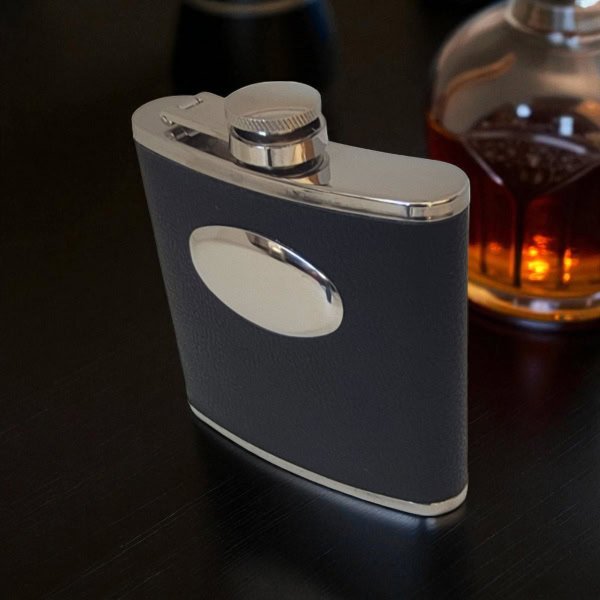 Leatherette Hip Flask with Engraving Plate – 6oz Stainless Steel - Irish Bar/Guinness