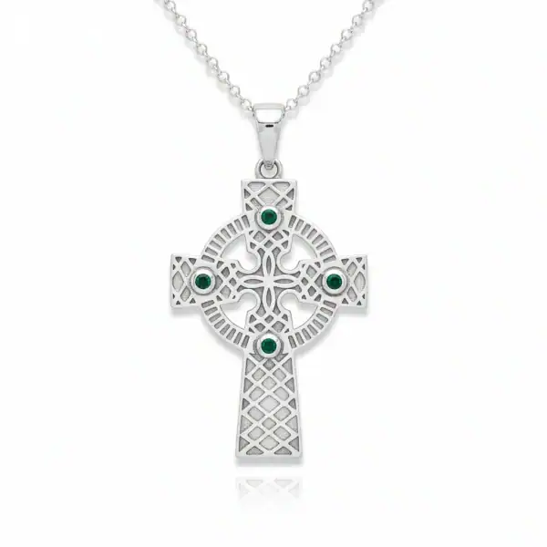 Sterling Silver Celtic Cross with Four Green Stones – 18” Chain - Irish Gifts