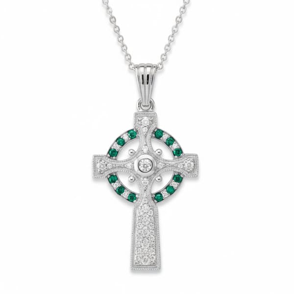 Sterling Silver Celtic Cross with Emerald & White CZ – 18” Chain - Irish Gifts