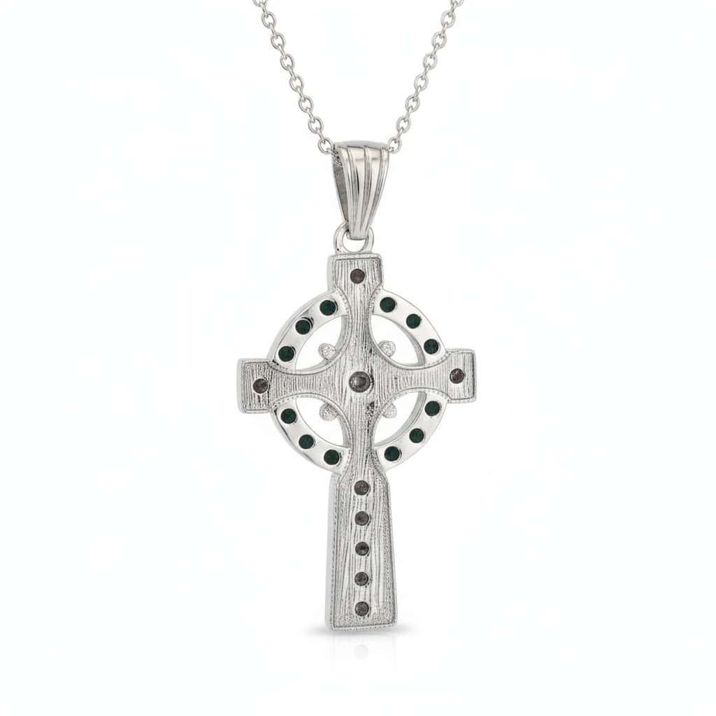 Sterling Silver Celtic Cross with Emerald & White CZ – 18” Chain - Irish Gifts - Image 2