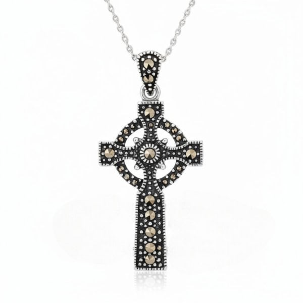 Sterling Silver Celtic Cross with Marcasite Inlay – 18” Chain - Irish Gifts