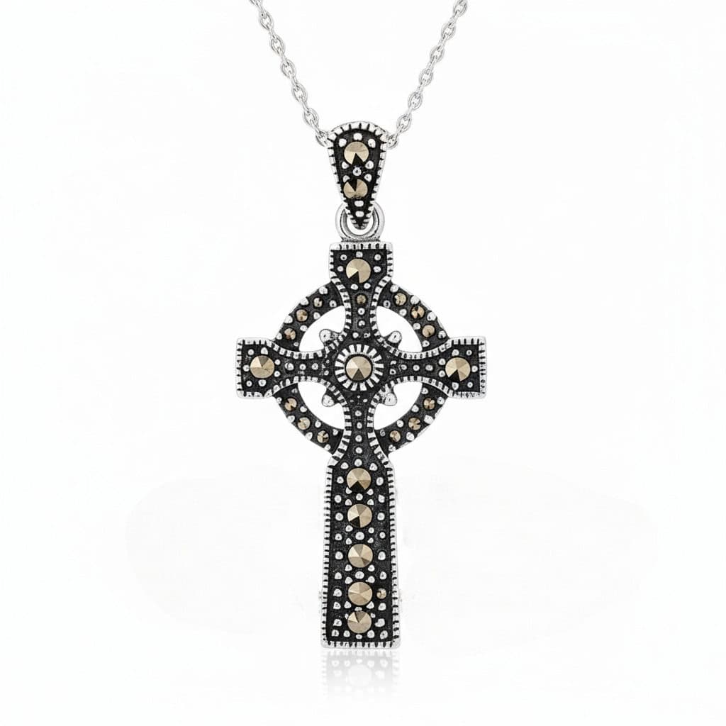 Sterling Silver Celtic Cross with Marcasite Inlay – 18” Chain - Irish Gifts