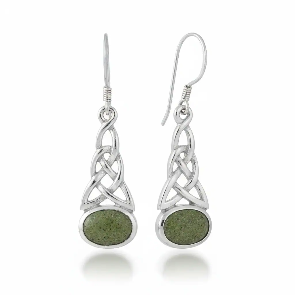 Silver Celtic Earrings with Horizontal Connemara Marble Stone - Connemara Marble