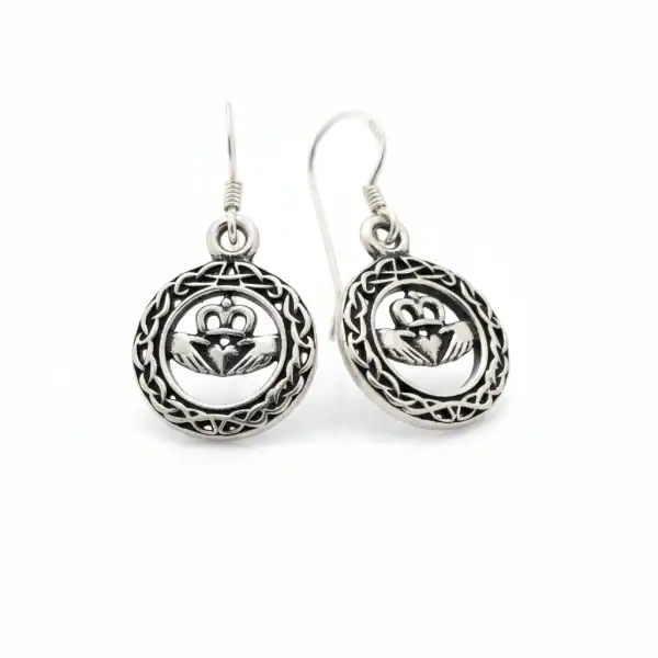 Sterling Silver Claddagh Drop Earrings with Celtic Knot Border - Communion Gifts
