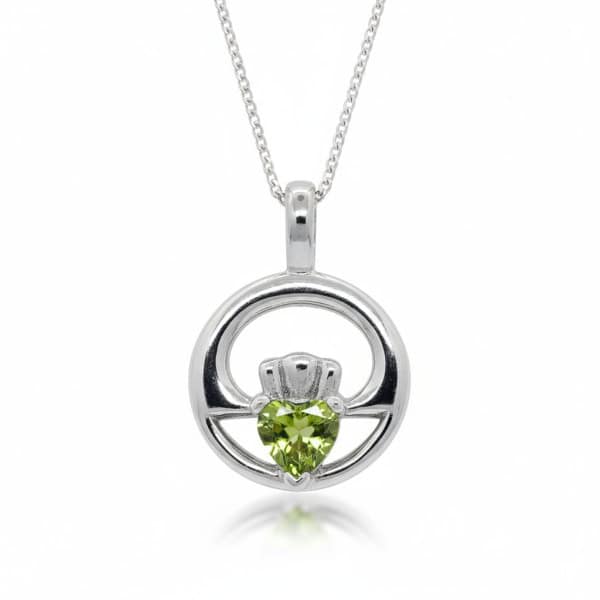 Sterling Silver Claddagh Pendant with Peridot CZ – 18” Chain - Irish Gifts