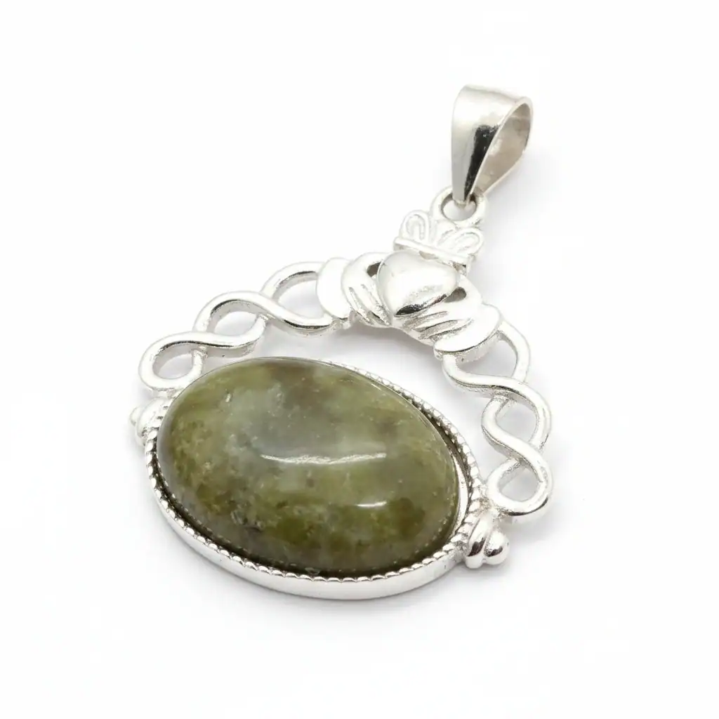 Sterling Silver Claddagh Pendant with Connemara Marble – 18” Chain - Confirmation Gifts