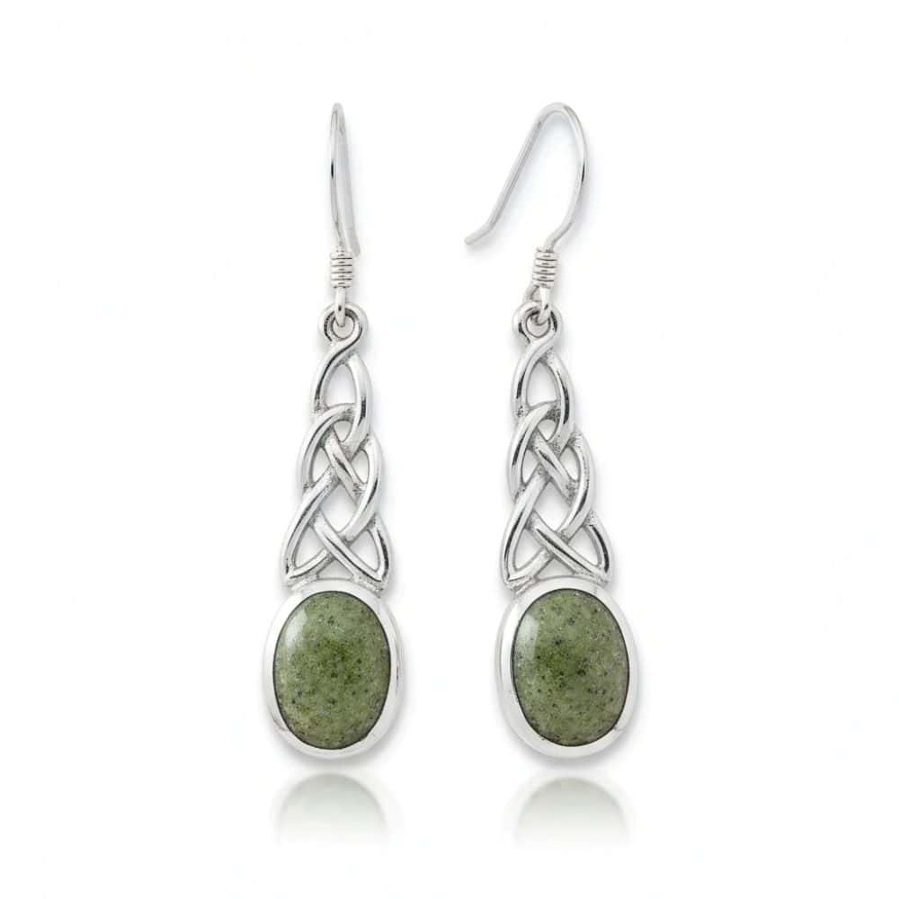 Silver Celtic Earrings with Vertical Connemara Marble Stone - Connemara Marble
