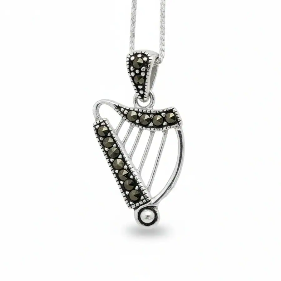 Sterling Silver Irish Harp Pendant with Marcasite Detail - Confirmation Gifts