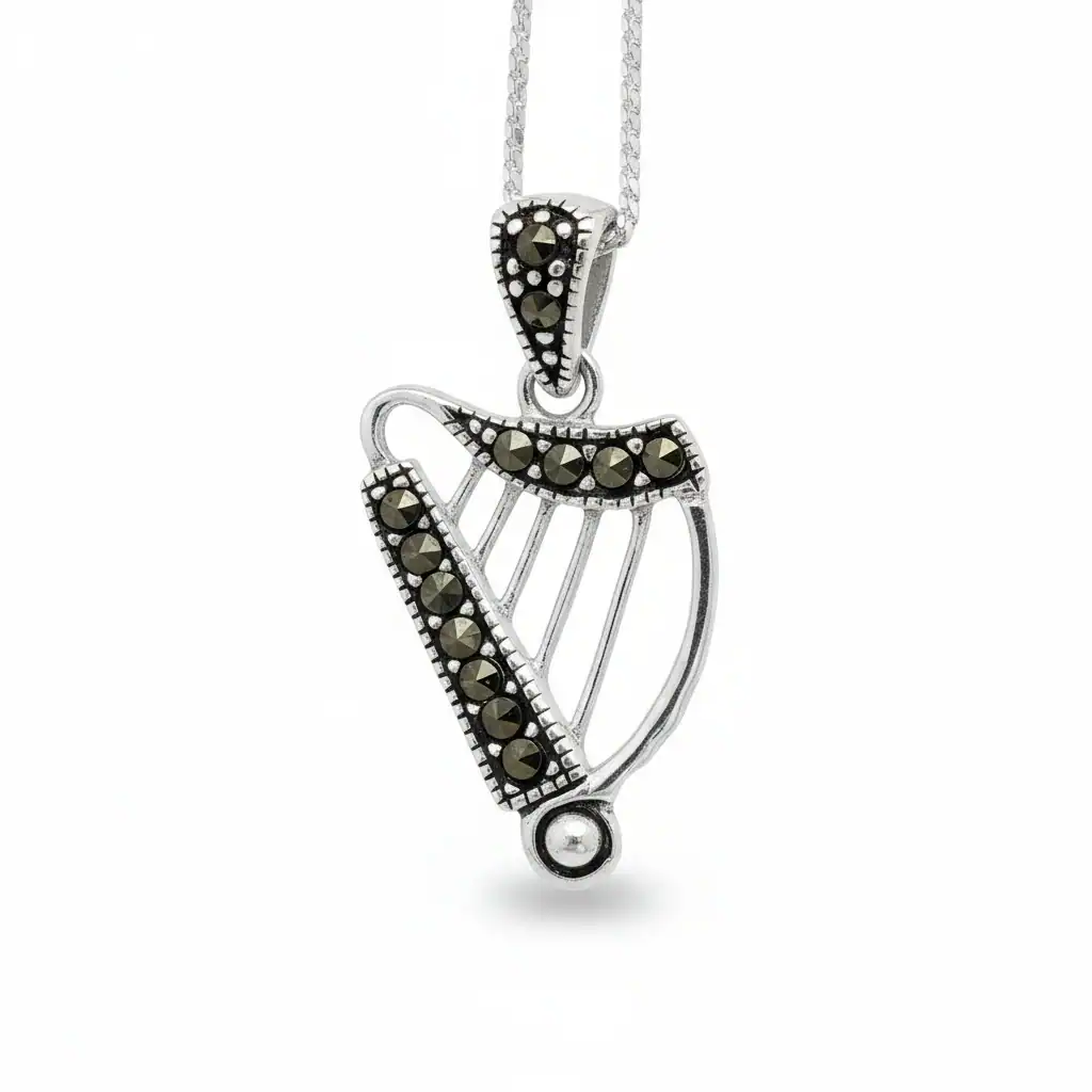Sterling Silver Irish Harp Pendant with Marcasite Detail - Irish Gifts