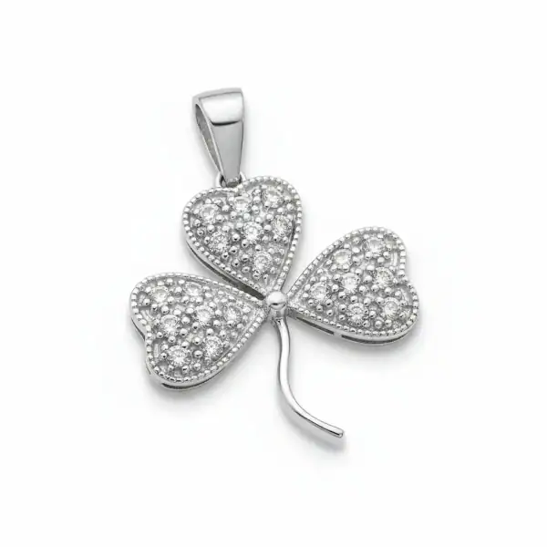Sterling Silver Shamrock Pendant with White CZ Stones - Confirmation Gifts