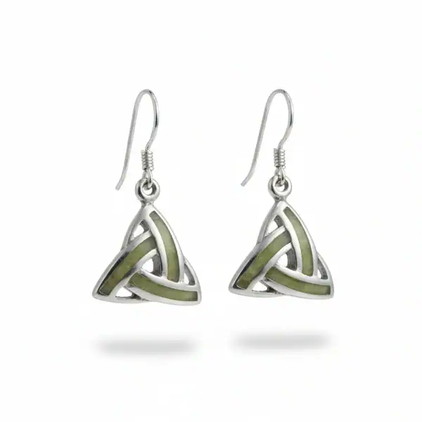 Sterling Silver Trinity Knot Drop Earrings with Connemara Marble Inlay - Connemara Marble