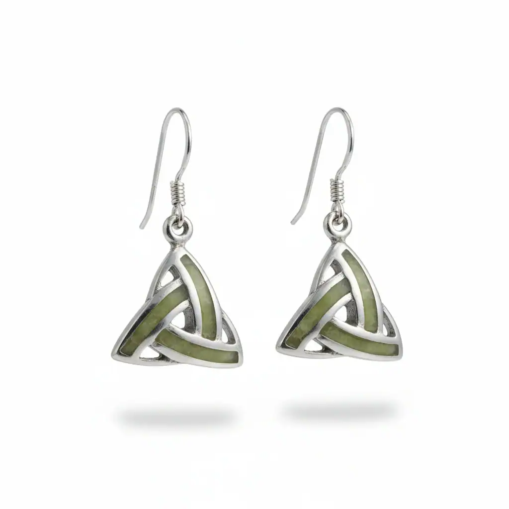 Sterling Silver Trinity Knot Drop Earrings with Connemara Marble Inlay - Connemara Marble