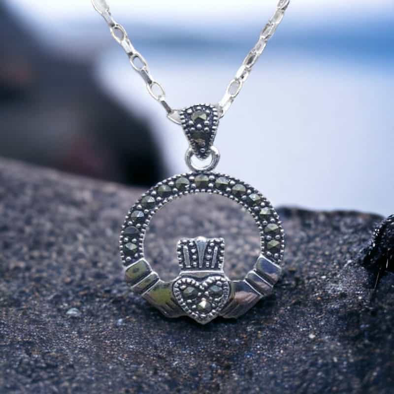 Silver Claddagh Pendant with Marcasite - Communion Gifts