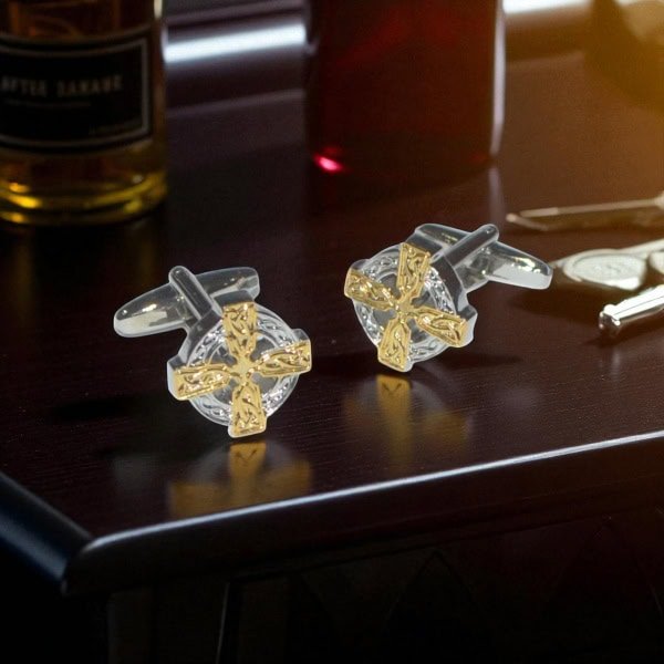 Celtic Cross Cufflinks – Two-Tone Finish - Irish Gifts - Image 1