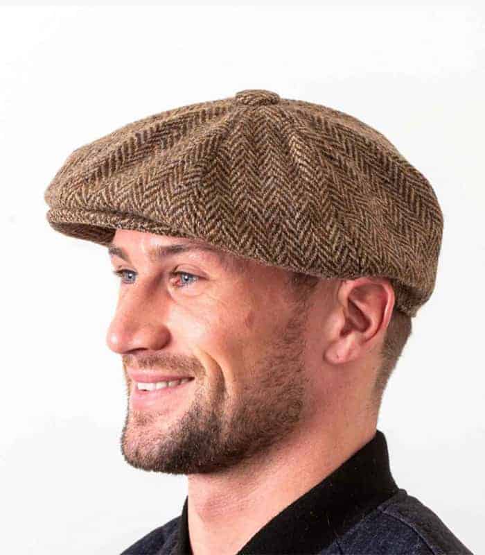 Donegal Tweed Newsboy 8 Panel Cap - Mid Brown Herringbone - Donegal Tweed