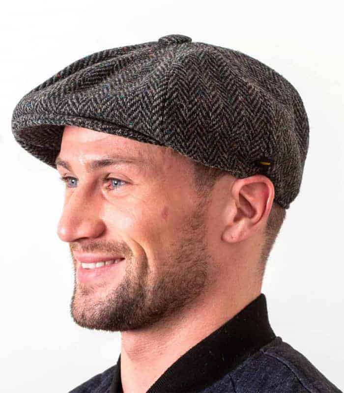 Donegal Tweed Newsboy 8 Panel Cap - Charcoal Herringbone - Donegal Tweed