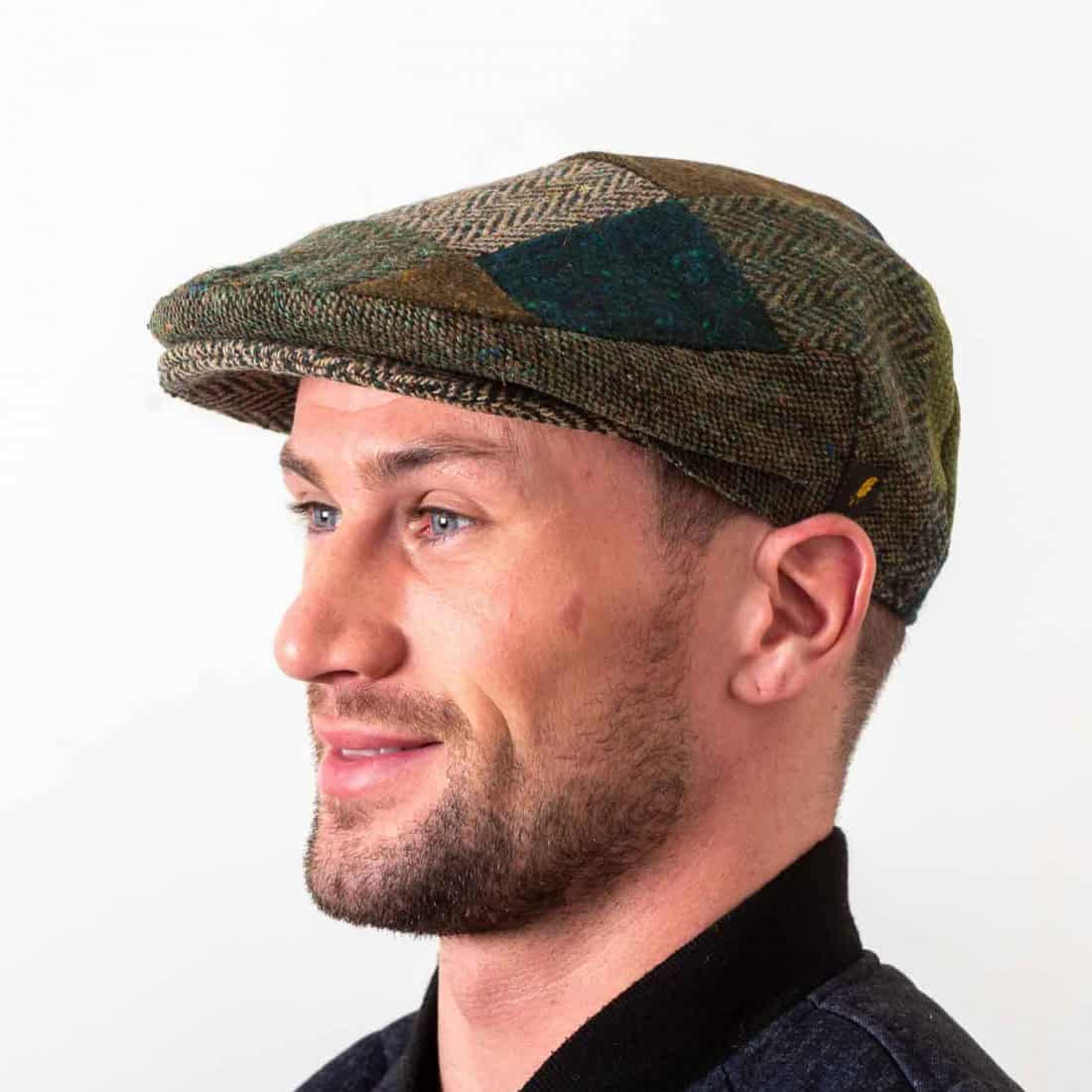 Donegal Tweed Flat Cap - Patchwork Green Tones - Donegal Tweed