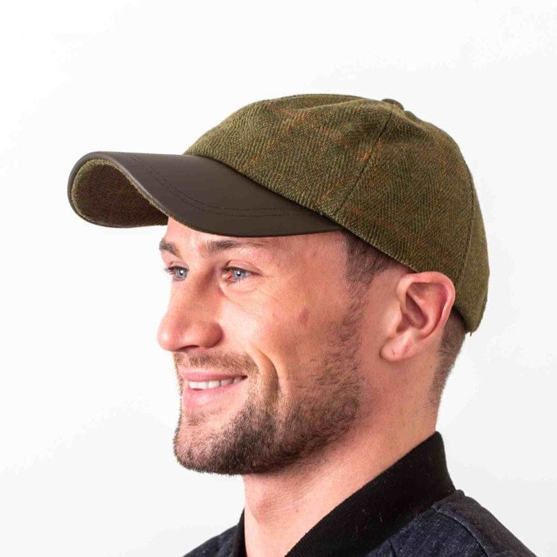 Yorkshire Green Overcheck Tweed Baseball Cap with Leather Peak - Baseball Caps