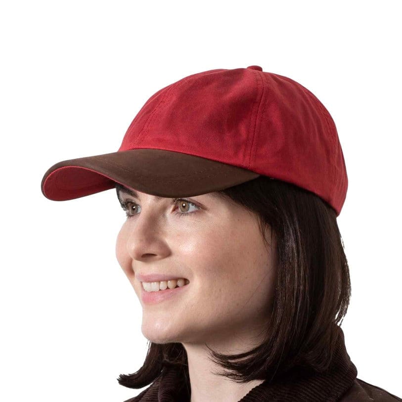 Red Waxed Cotton Baseball Cap with Leather Peak - Baseball Caps