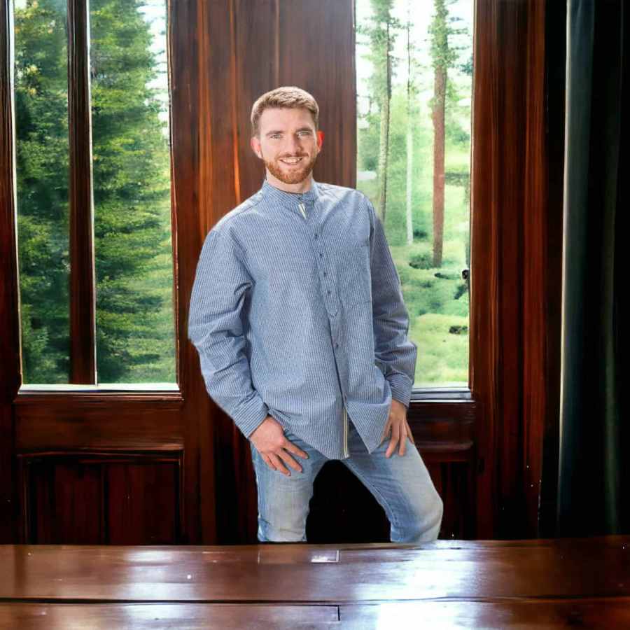 Irish Grandfather Shirt – Blue with White Pinstripe – Cotton Collarless Shirt Made in Ireland - Graduation Gifts