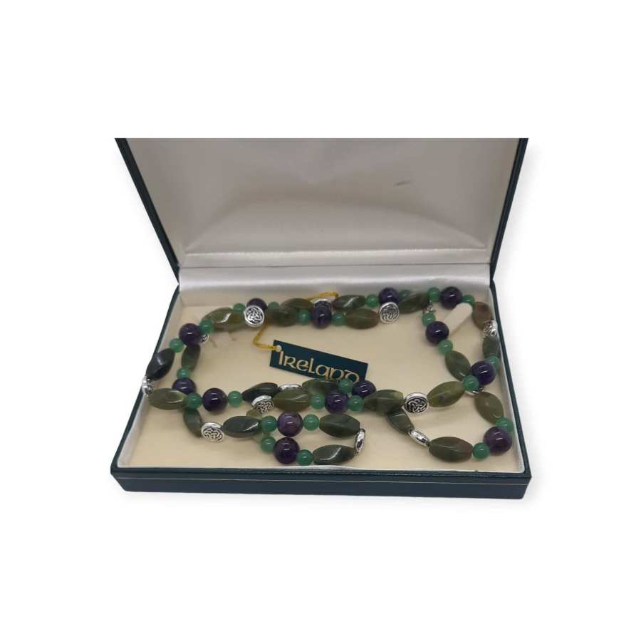 Connemara Marble, Amethyst & Aventurine Bead Necklace – 36” Long - Connemara Marble - Image 1