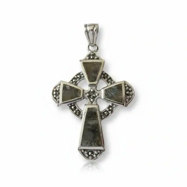 Silver Celtic Cross Pendant with Connemara Marble & Marcasite - Connemara Marble