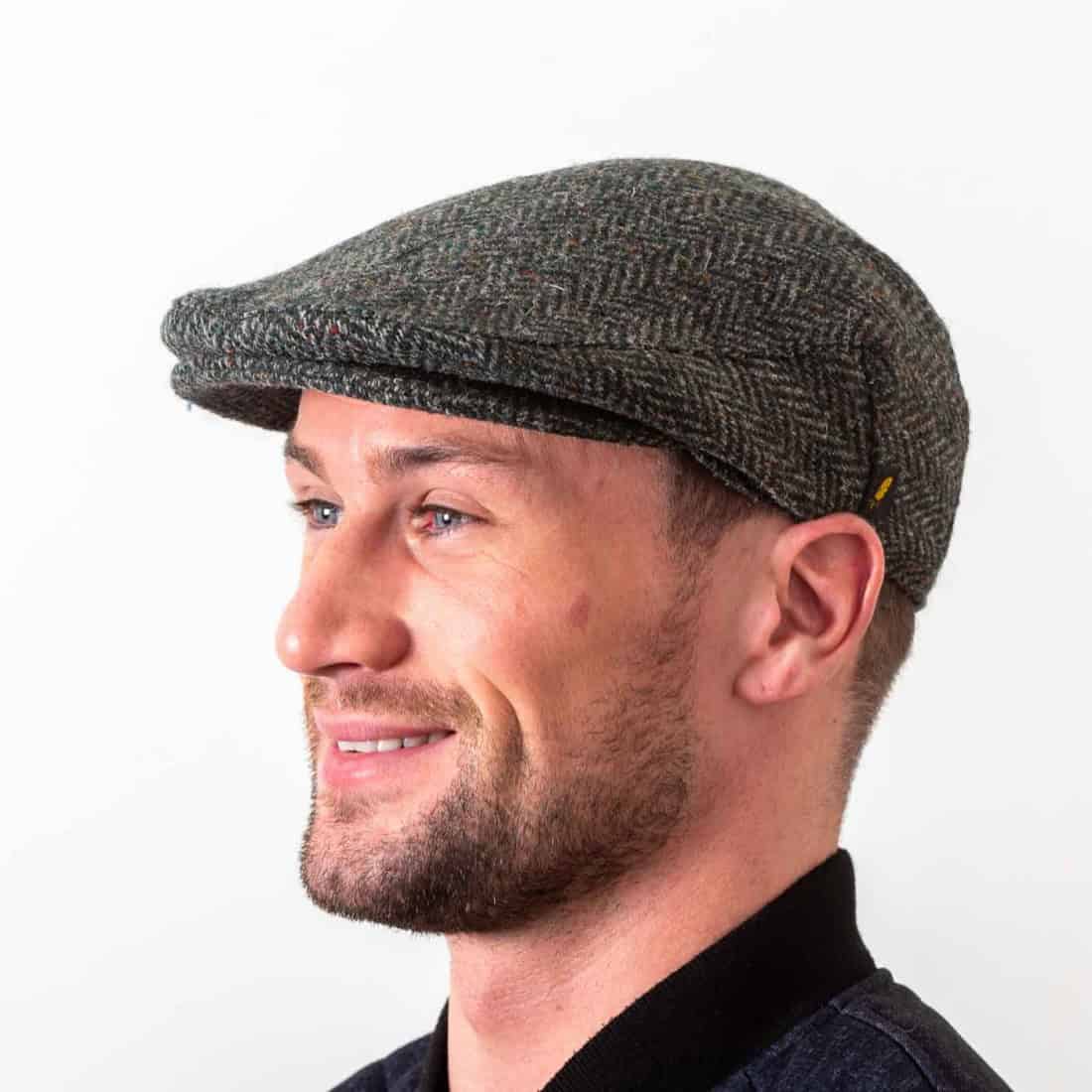 Donegal Tweed Flat Cap - Dark Green Herringbone - Donegal Tweed