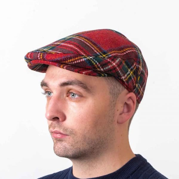 Tartan Plaid Flat Cap - Royal Stewart Brushed Wool - Aran Style - Hats | Caps | Clothing