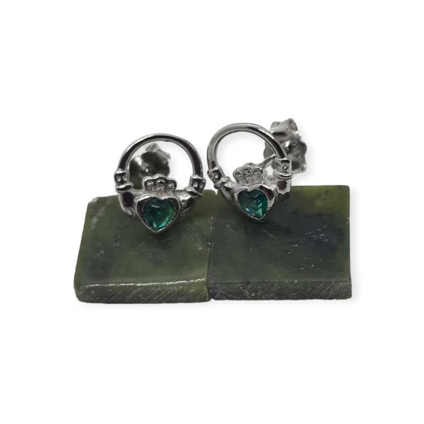 Silver Claddagh Stud Earrings with Green Stone - Communion Gifts