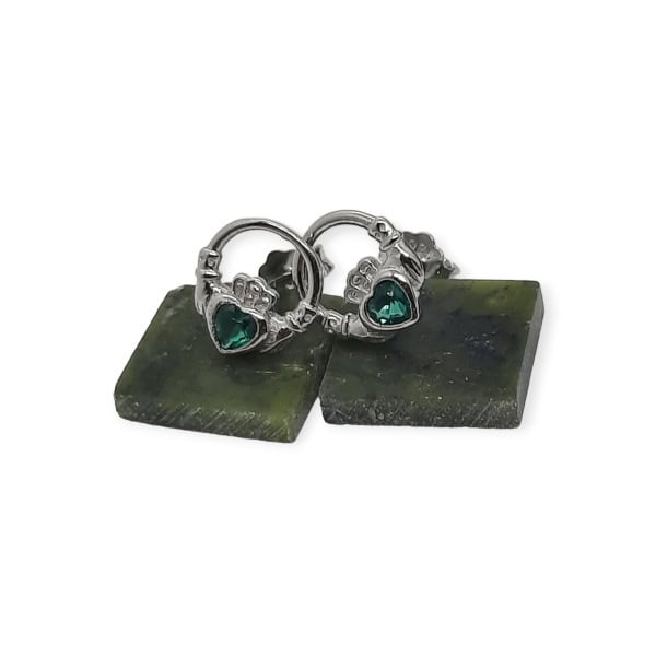 Silver Claddagh Stud Earrings with Green Stone - Communion Gifts - Image 1