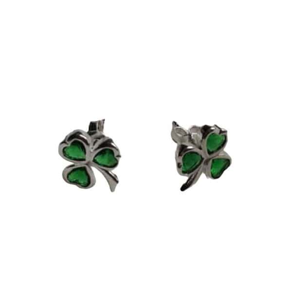 Silver Shamrock Stud Earrings with Green Stone - Communion Gifts