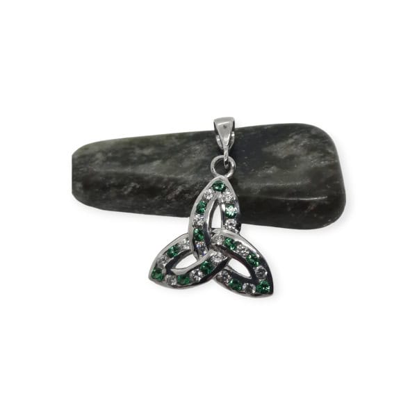 Silver Trinity Knot Pendant with Green And White Stones - Communion Gifts - Image 1