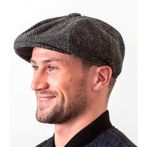 Donegal Tweed Newsboy 8 Panel Cap - Charcoal Herringbone - Donegal Tweed
