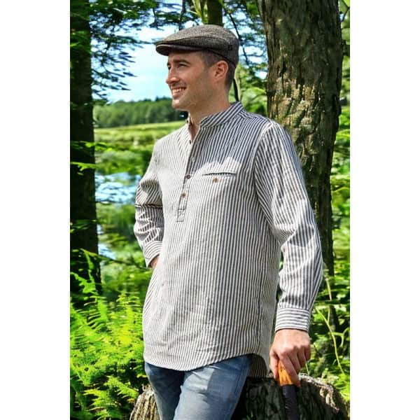 Cotton Grandfather Shirt - Blue with Cream Stripe - Made in Ireland - Grandfather Shirts