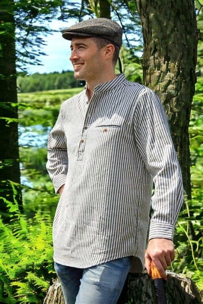 Cotton Grandfather Shirt - Blue with Cream Stripe - Made in Ireland - Grandfather Shirts