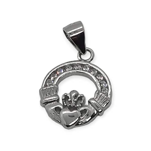 Claddagh Pendant Necklace Charm - Sterling Silver with CZ - Baby & Christening Gifts