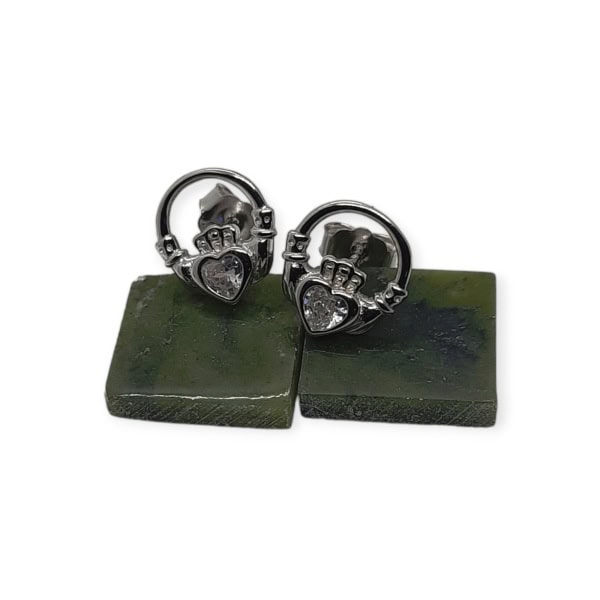 Silver Claddagh Stud Earrings with White CZ Stone - Communion Gifts