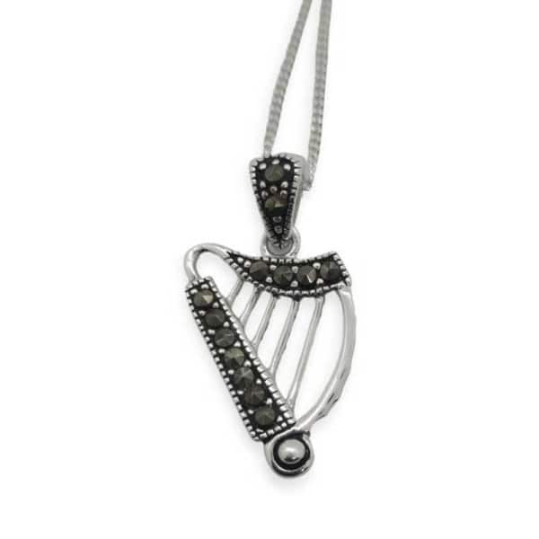 Sterling Silver Irish Harp Pendant with Marcasite Detail - Accessories