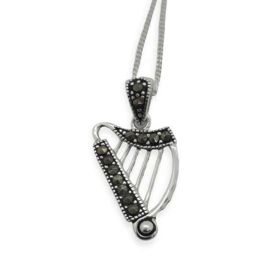 Sterling Silver Irish Harp Pendant with Marcasite Detail - Accessories