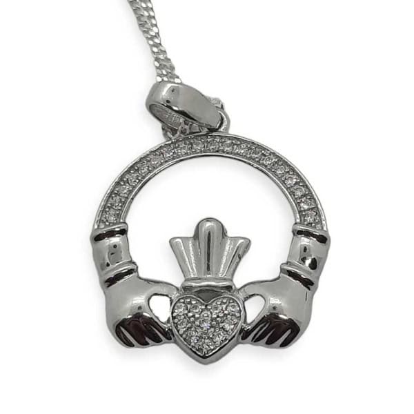 Claddagh Pendant Necklace Large - Sterling Silver with CZ - Baby & Christening Gifts