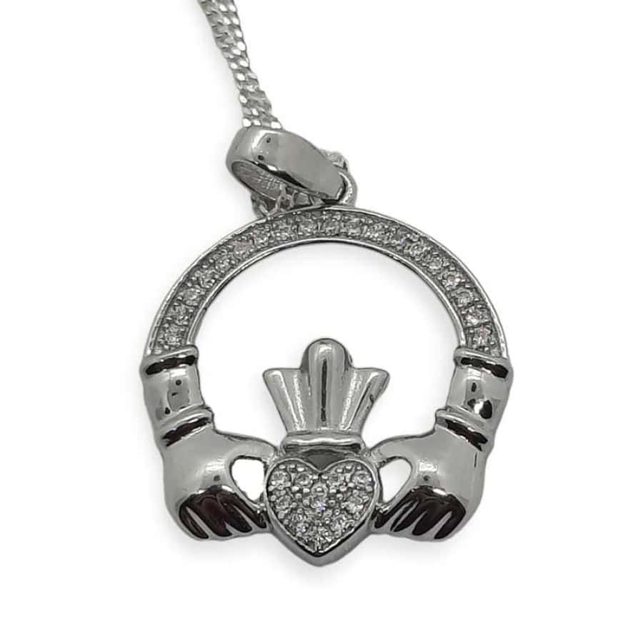 Claddagh Pendant Necklace Large - Sterling Silver with CZ - Baby & Christening Gifts