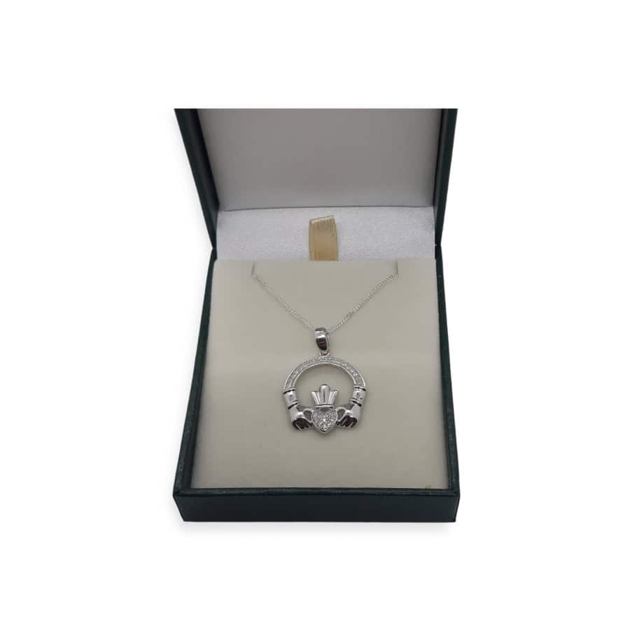 Claddagh Pendant Necklace Large - Sterling Silver with CZ - Baby & Christening Gifts - Image 1