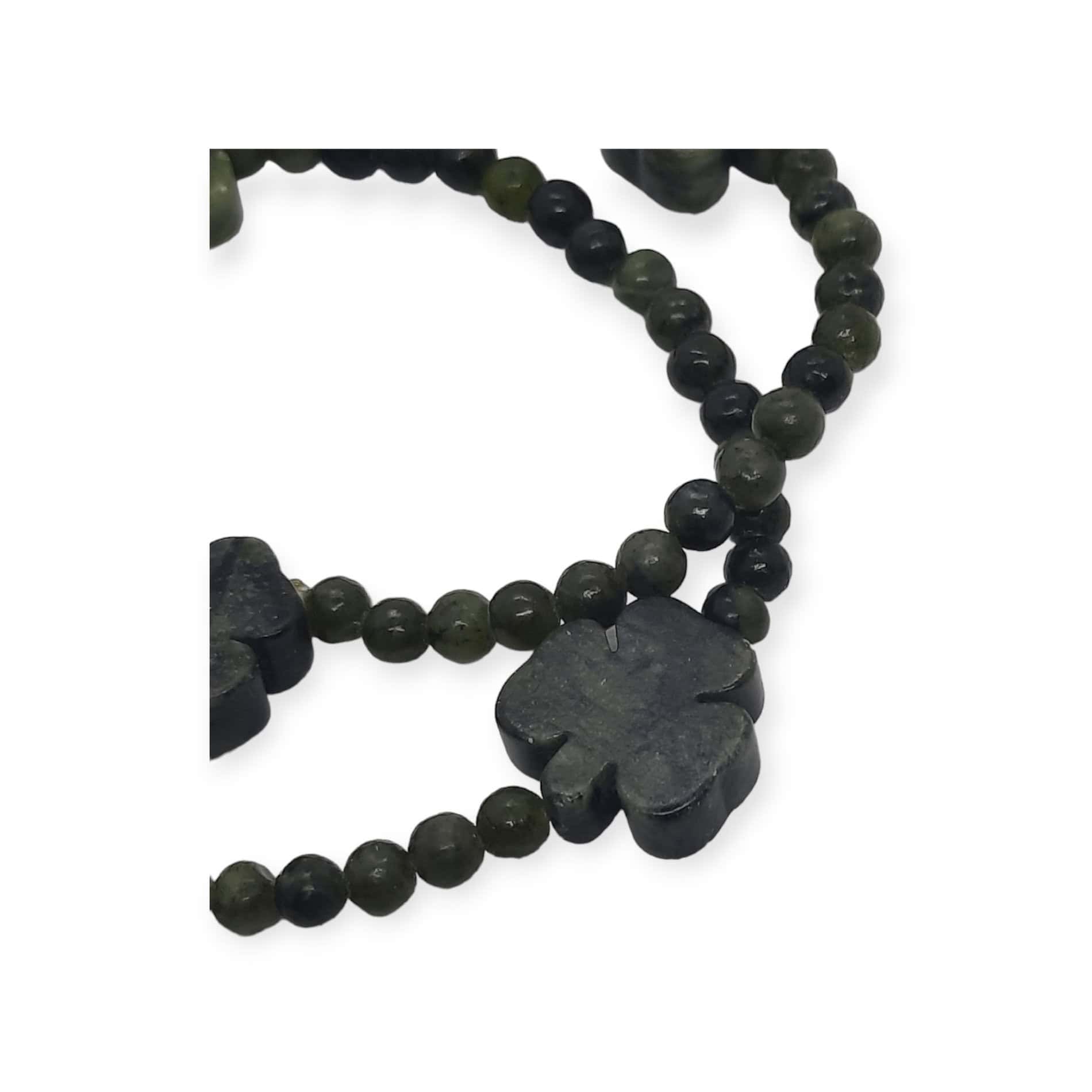 Connemara Marble Beaded Necklace with Carved Shamrocks – 32” Long - Connemara Marble - Image 1