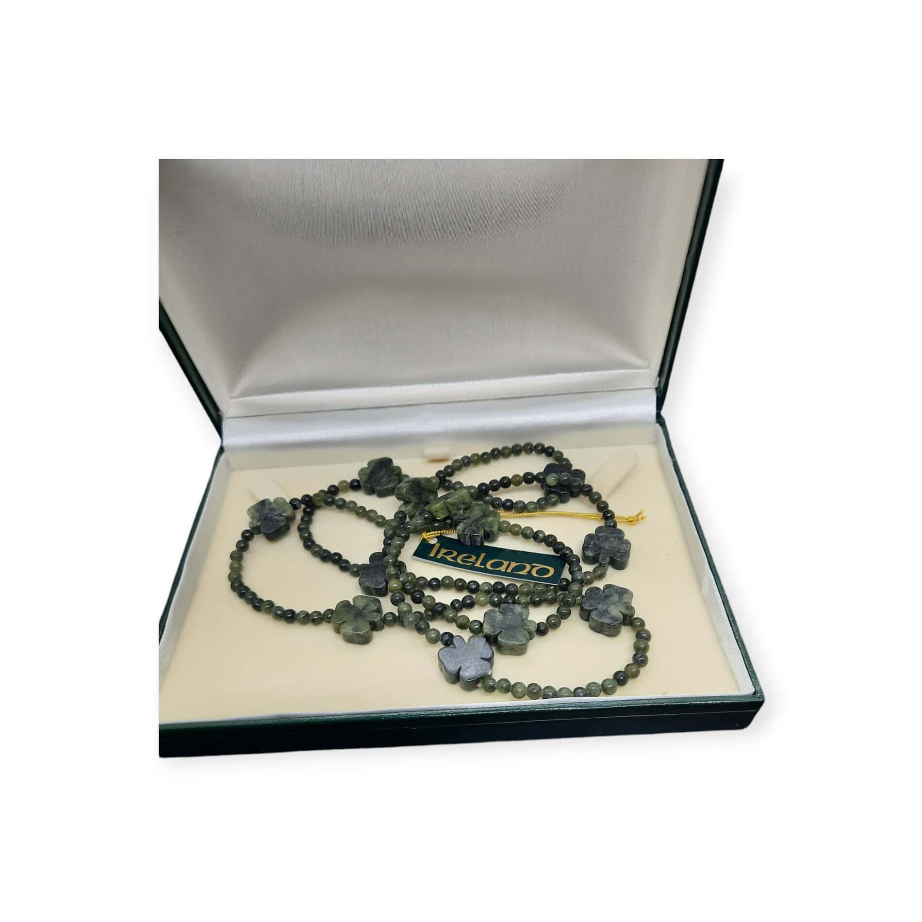 Connemara Marble Beaded Necklace with Carved Shamrocks – 32” Long - Connemara Marble - Image 3