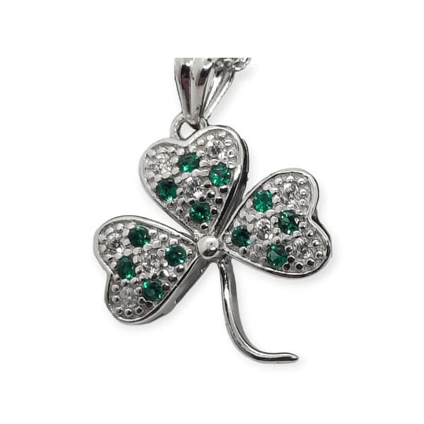Shamrock Pendant Necklace with Green CZ Stones - Baby & Christening Gifts