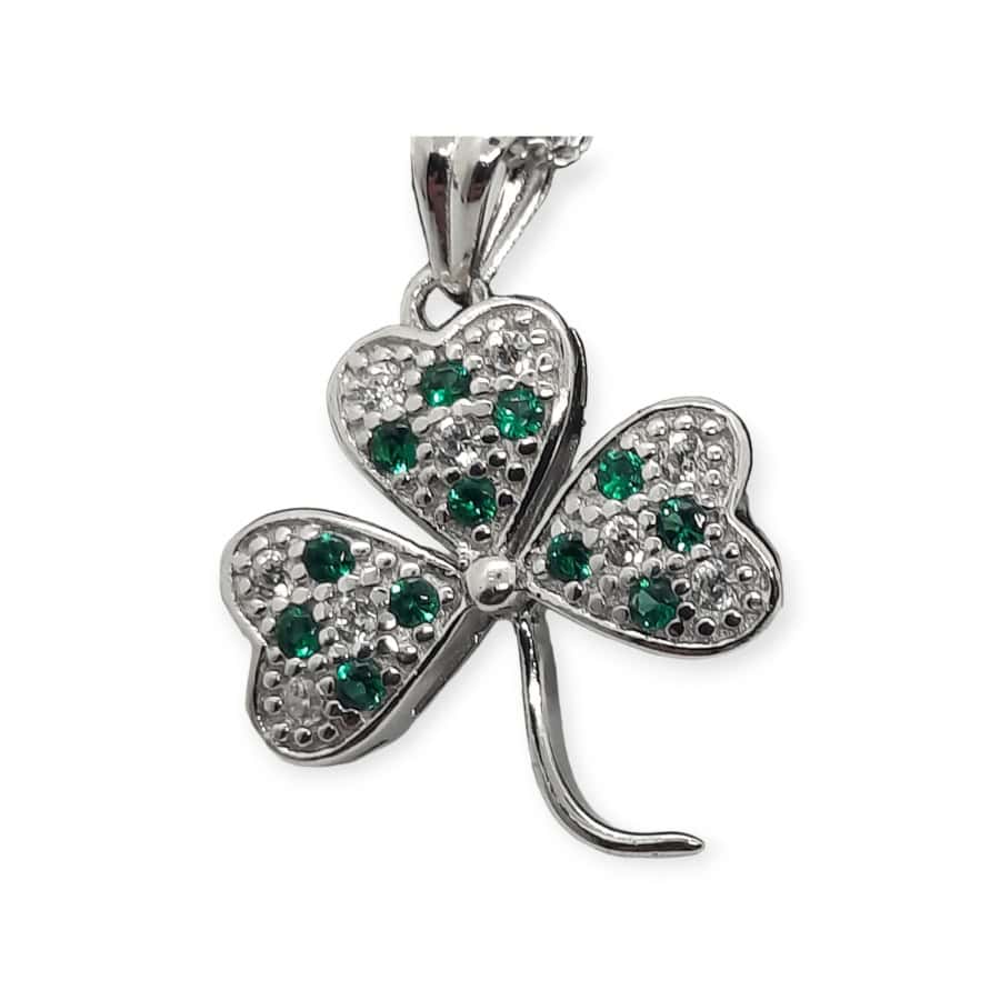 Shamrock Pendant Necklace with Green CZ Stones - Baby & Christening Gifts