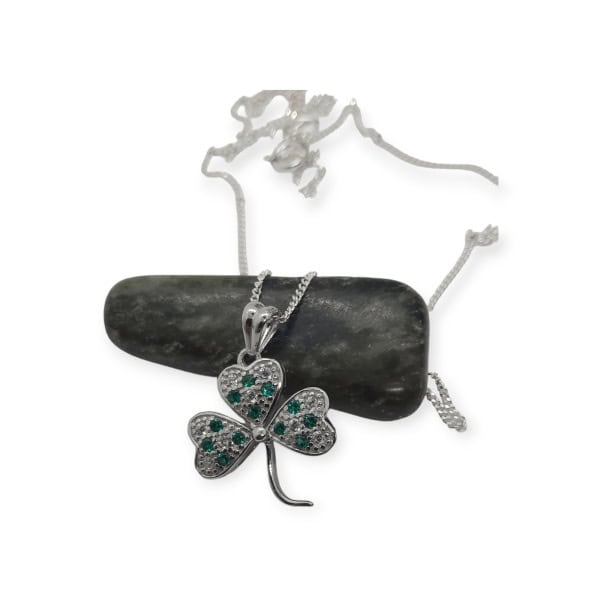 Shamrock Pendant Necklace with Green CZ Stones - Baby & Christening Gifts - Image 1