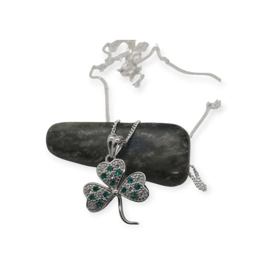 Shamrock Pendant Necklace with Green CZ Stones - Baby & Christening Gifts - Image 1