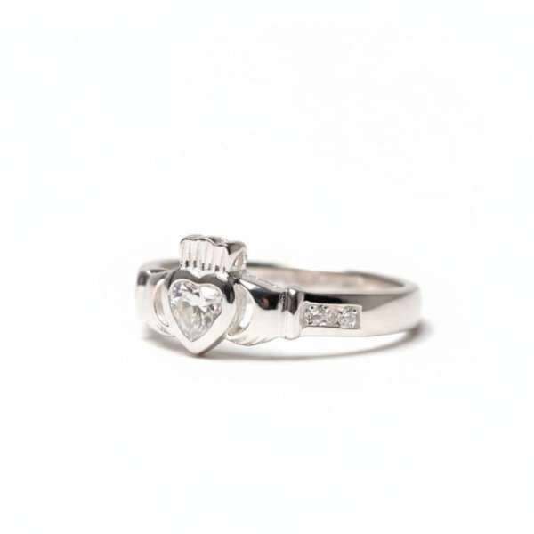 April – Sterling Silver Birthstone Claddagh Ring – White CZ - Irish Gifts
