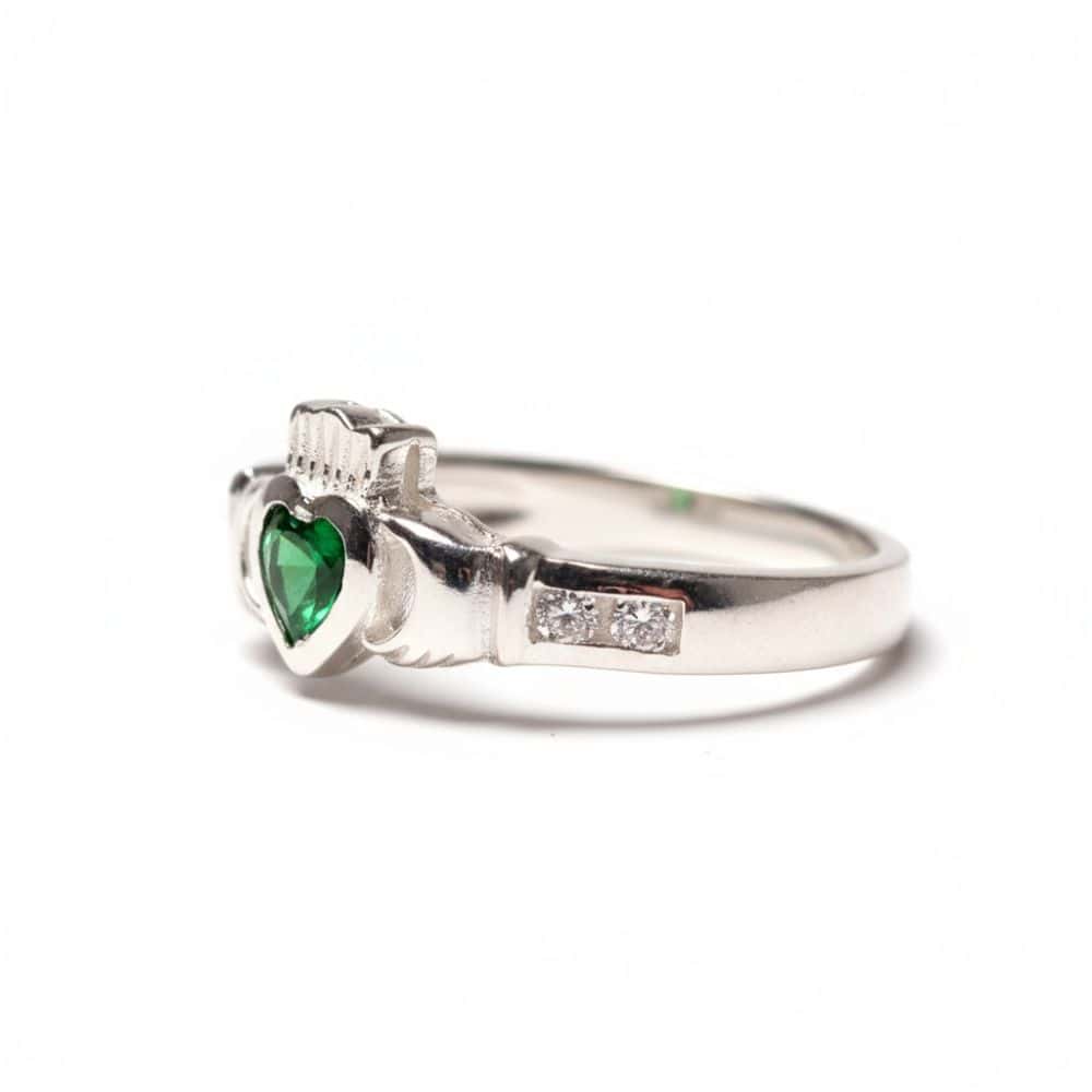 May – Sterling Silver Birthstone Claddagh Ring – Emerald Green CZ - Irish Gifts